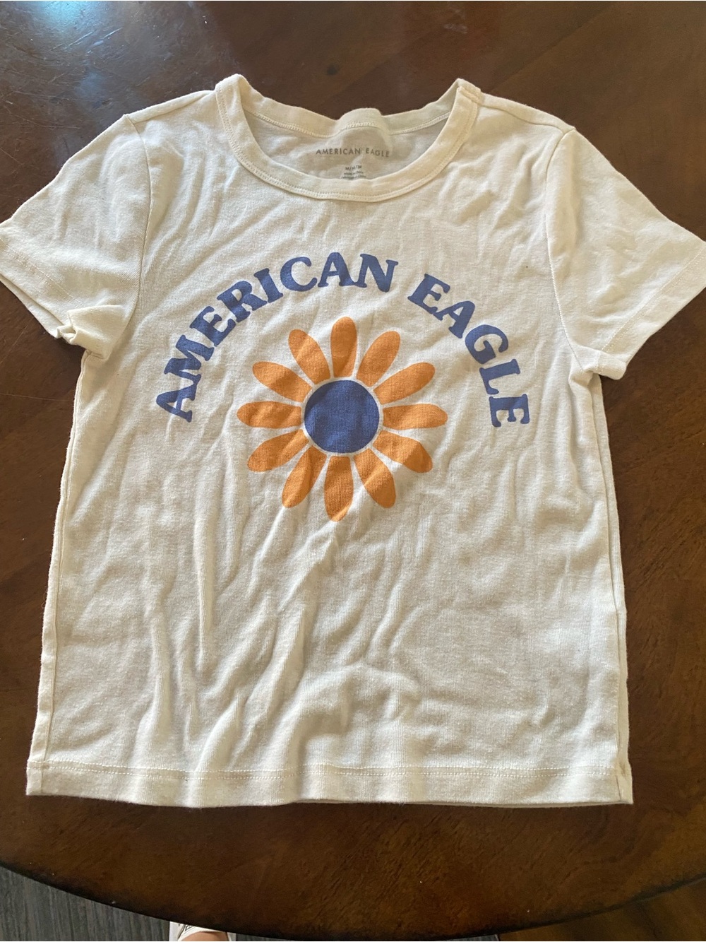 American Eagle Outfitters White Tee with Blue Logo and Orange Daisy